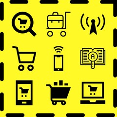 Simple 9 icon set of online related trolley, cart, learning and online shopping vector icons. Collection Illustration