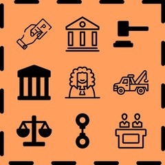 Simple 9 icon set of legal related courthouse, tow truck, jury and courthouse vector icons. Collection Illustration