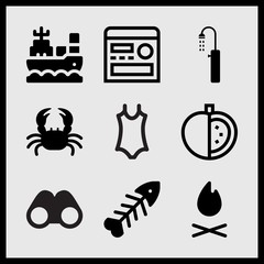 Simple 9 set of Summer related boat, radio, fishbone and beach shower vector icons