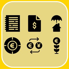 Simple 6 icon set of business related growth, notebook, insurance and euro vector icons. Collection Illustration