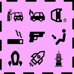 Simple 9 icon set of fire related foot heat, overturned car, smoking and gun vector icons. Collection Illustration