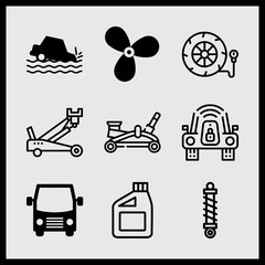Simple 9 icon set of car related car sinking, shock absorber, hydraulic jack and boat propeller vector icons. Collection Illustration