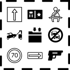 Simple 9 icon set of law related towed car, speed limit, files and turn right vector icons. Collection Illustration