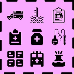 Simple 9 icon set of medicine related ambulance, flask, structure and science vector icons. Collection Illustration