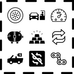 Simple 9 icon set of finance related wheel, gold ingot, dashboard and transfer vector icons. Collection Illustration