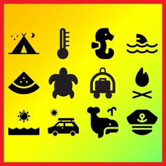 Big turtle, shark and tent night related icons set