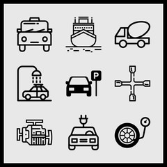 Simple 9 icon set of car related electric car, car wash, cab and ship vector icons. Collection Illustration