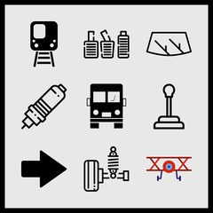 Simple 9 icon set of car related aeroplane, school bus, spark plug and pedals vector icons. Collection Illustration