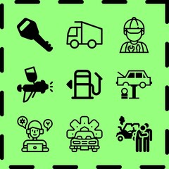 Simple 9 icon set of service related truck, car repair, call center and car tire change vector icons. Collection Illustration
