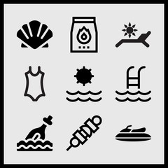 Fototapeta premium Simple 9 set of Summer related brochette, scallop, chain and sun and swimming pool vector icons