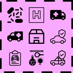 Simple 9 icon set of medicine related box, insurance, ambulance and virus vector icons. Collection Illustration