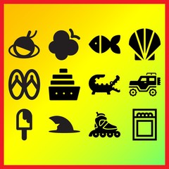 Seashell, line roller skate and fish related icons set