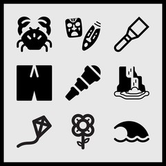 Simple 9 set of Summer related mask, crab, spatula and in bloom vector icons