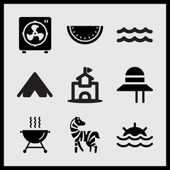 Simple 9 set of Summer related barbecue with smoke, electric fan, zebra and watermellon slice vector icons