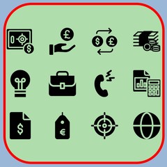 Simple 12 icon set of business related safebox, phone call, analytics and aim vector icons. Collection Illustration