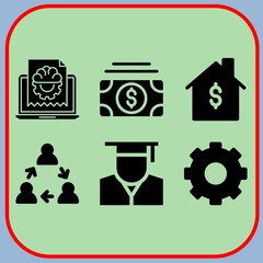 Simple 6 icon set of business related dollar, laptop, gear and teamwork vector icons. Collection Illustration