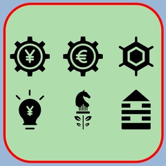 Simple 6 icon set of business related building, euro, yen and strategy vector icons. Collection Illustration