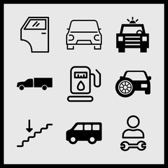 Simple 9 icon set of car related deliver truck silhouette, stairs, minibus and police car with lights vector icons. Collection Illustration