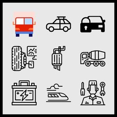 Simple 9 icon set of car related exhaust pipe, car, car locked and lorry vector icons. Collection Illustration