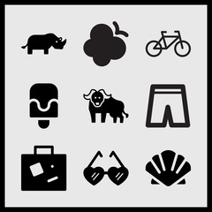 Simple 9 set of Summer related short pants, heart shaped sunglasses, rhino and popsicle vector icons