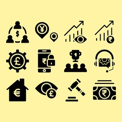 Trophy, auction and money related premium icon set