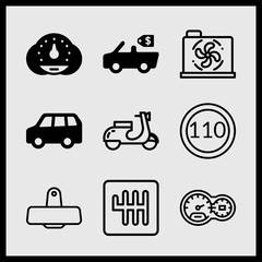 Simple 9 icon set of car related speedometer, speedometer, car engine and speed limit vector icons. Collection Illustration