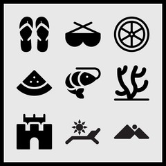 Obraz premium Simple 9 set of Summer related sand castle, chain and sun, coral and pair of flip flop vector icons