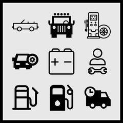 Simple 9 icon set of car related mechanic, delivery truck, fuel and tire vector icons. Collection Illustration