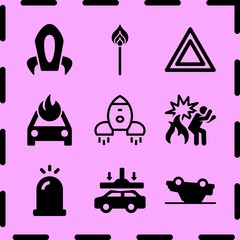 Simple 9 icon set of fire related match, space rocket ship, burning car and rocket ship vector icons. Collection Illustration