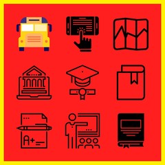 Simple 9 icon set of edication related online education, book, exam and map vector icons. Collection Illustration