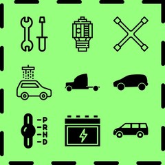 Simple 9 icon set of service related tool, van, car parts and gearshift vector icons. Collection Illustration