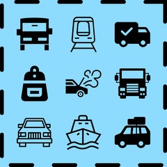 Simple 9 icon set of travel related delivery truck, truck front view, breakdown and delivery truck front vector icons. Collection Illustration