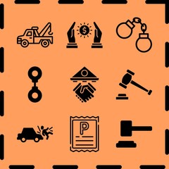 Simple 9 icon set of legal related handcuffs, tow truck, loan and handcuff vector icons. Collection Illustration