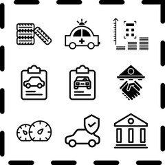 Simple 9 icon set of finance related loan, insurance, courthouse and insurance vector icons. Collection Illustration