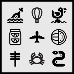 Simple 9 set of Summer related airplane upward, beach sign, wild crab and summer balloon vector icons