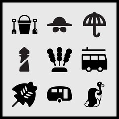 Simple 9 set of Summer related sun umbrella, vulture, vintage caravan and sea lighthouse vector icons