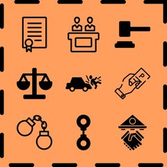 Simple 9 icon set of legal related car run over man, justice, jury and parking ticket vector icons. Collection Illustration