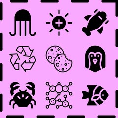 Simple 9 icon set of life related jellyfish, crab, penguin and fish vector icons. Collection Illustration