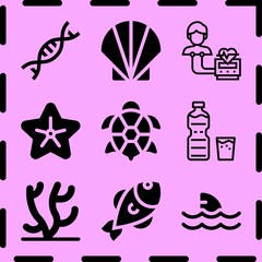 Fototapeta premium Simple 9 icon set of life related seashell, fish, shark and coral vector icons. Collection Illustration