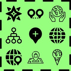 Simple 9 icon set of map related global, globe, hierarchy and location vector icons. Collection Illustration