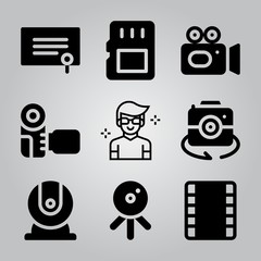 Simple 9 icon set of camera related camera, camera, memory card and film strip vector icons. Collection Illustration