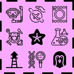 Simple 9 icon set of life related diving, travel, condoms and genetic vector icons. Collection Illustration