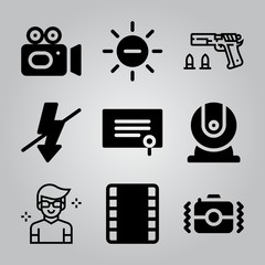 Simple 9 icon set of camera related film strip, flash, video camera and degree vector icons. Collection Illustration