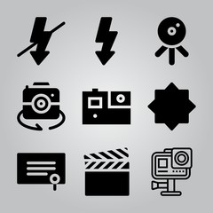 Simple 9 icon set of camera related web cam, gopro, flash and degree vector icons. Collection Illustration