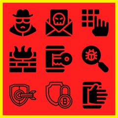 Simple 9 icon set of hacker related password, virus search, firewall and spy vector icons. Collection Illustration
