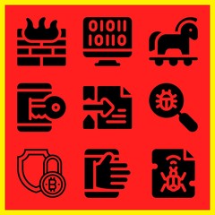 Simple 9 icon set of hacker related trojan, hacker, firewall and hacker vector icons. Collection Illustration