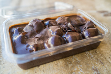 hommade profiteroles in the box, chocolate box