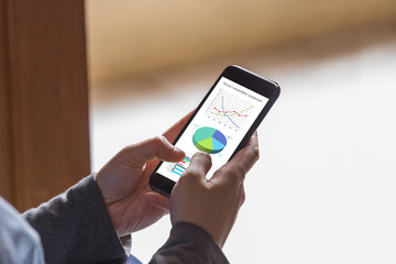 Project management dashboard concept. Hands holding phone with excel project dashboard on screen.