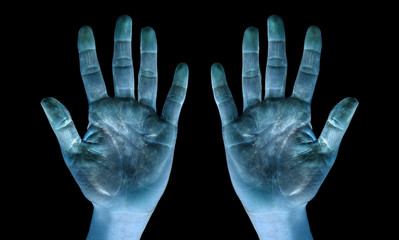 Hand wash girl with soap, isolated on black background. Inversion Versions