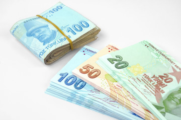 Turkish banknotes. Turkish Lira ( TL or TRY ) isolated on white background.